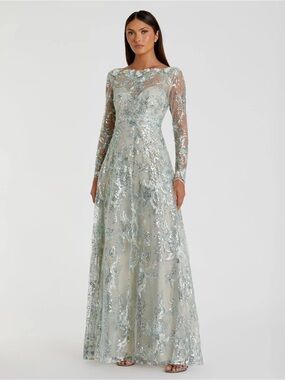 Mac Duggal A67498 Green Floral Embroidered Illusion Long Sleeve Gown size 4